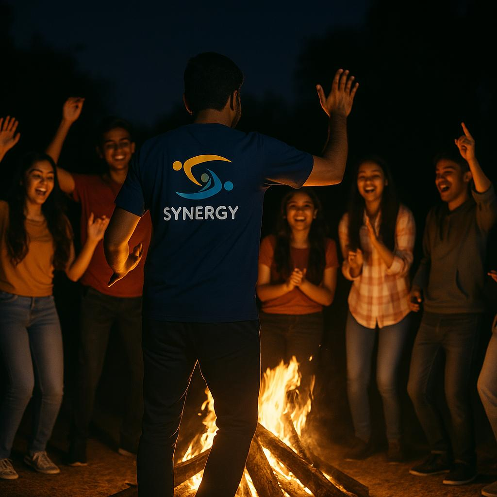 Outbound training campfire activity with participants gathered around